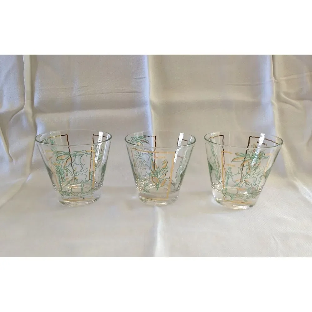 MCM Rocks Lowball Glasses‎ Spices Green & Gold Vintage Barware Set of 3